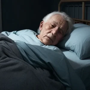 An elderly man laying in a bed with covers over him and his head slightly raised above his pillow